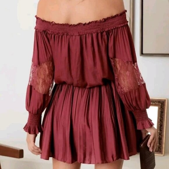 Holiday Party Dress Off The Shoulder Burgundy Red - Picture 2 of 5